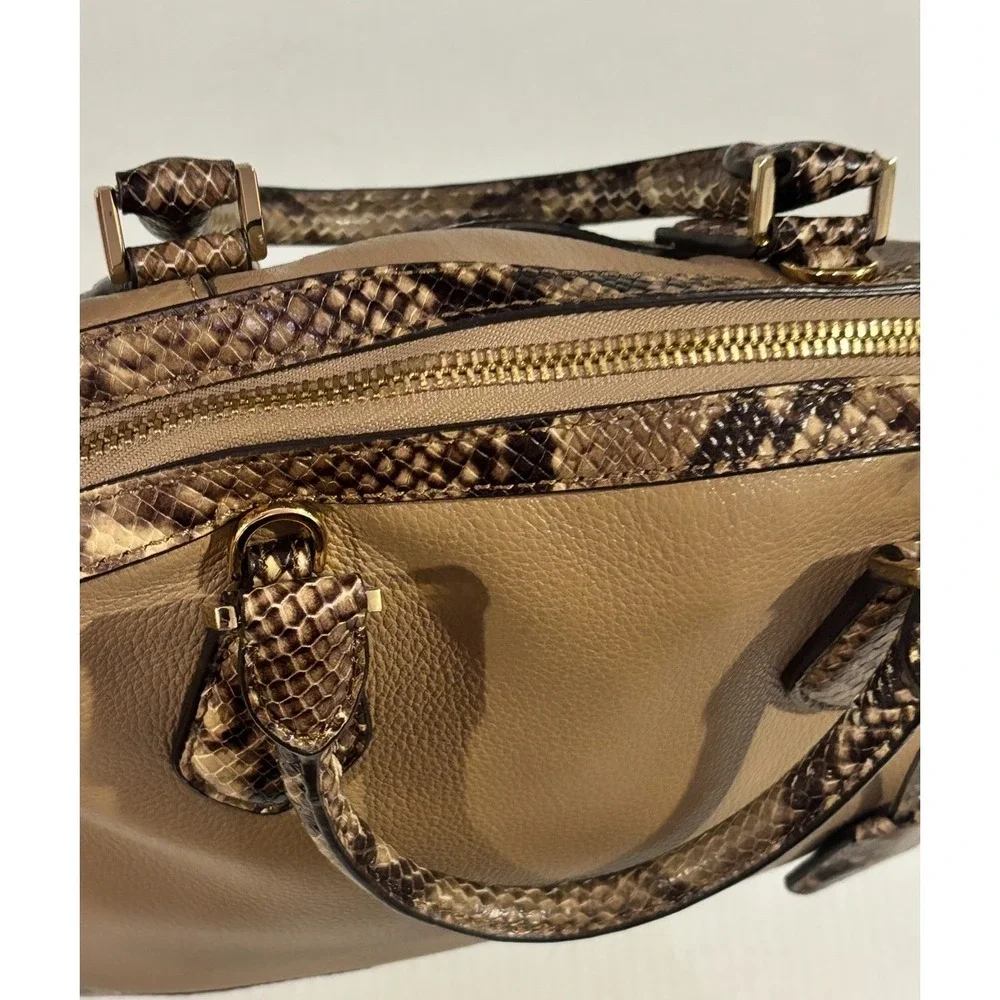Michael Kors Tan Pebbled Leather Snakeskin Embossed Dome Satchel Handbag